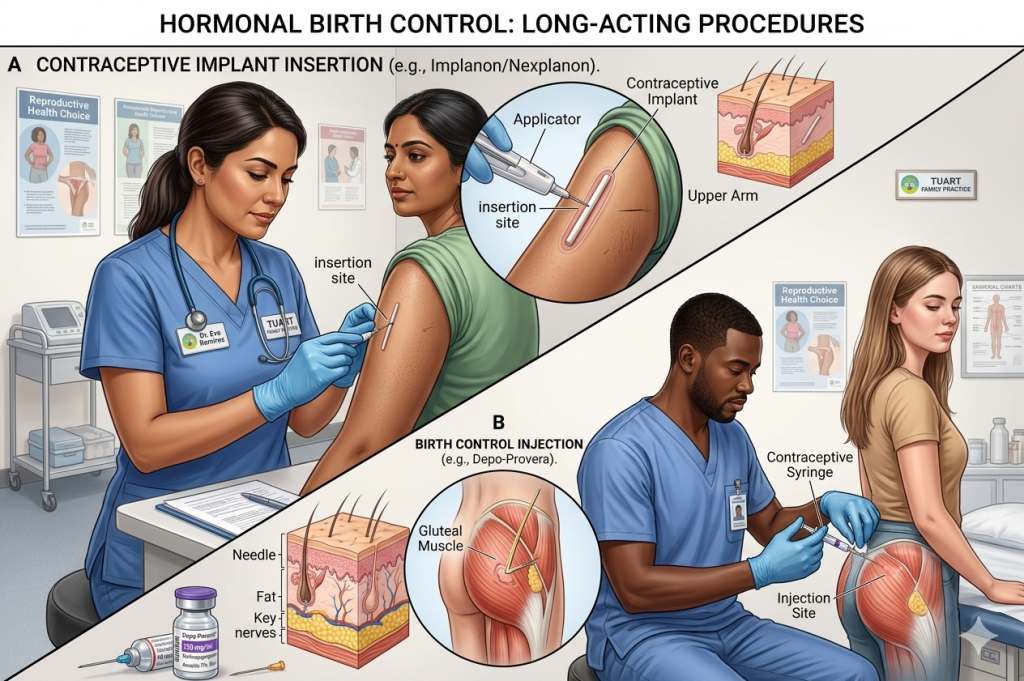 A healthcare provider demonstrating contraceptive implant insertion and administering a birth control injection.