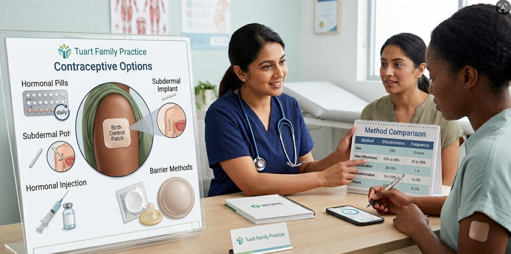 Birth control patch on skin with alternative contraceptive options like pills and implants