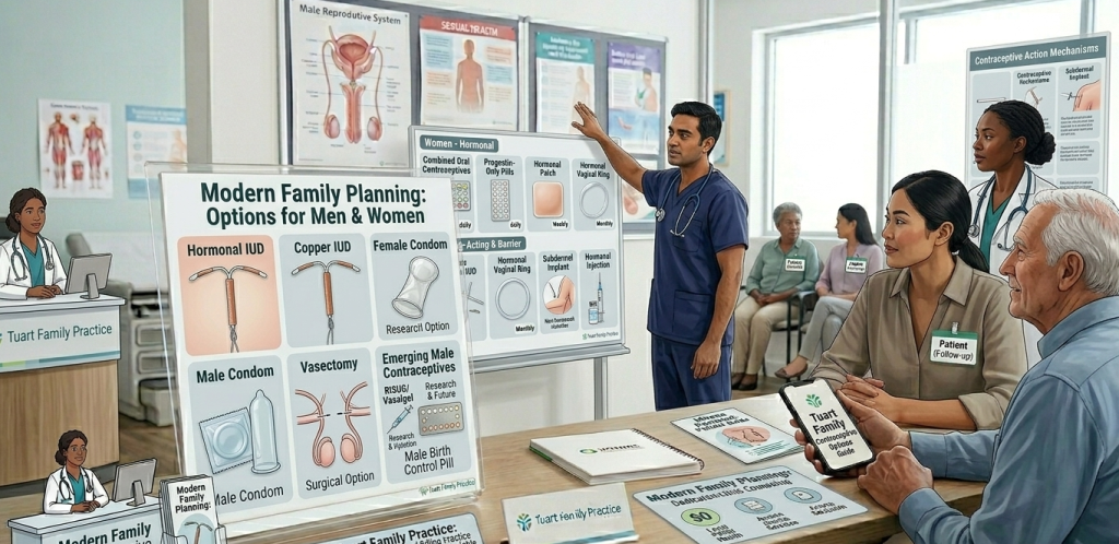 Modern birth control methods for men and women including pills, patch, ring, implants, and male contraception options
